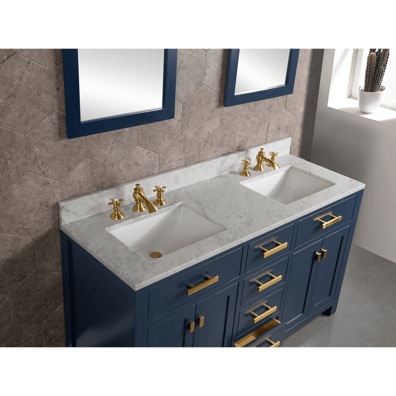 Water Creation Madison 60" Double Sink Carrara White Marble Vanity in Monarch Blue with Matching Mirror(s) and F2-0013-06-FX Lavatory Faucet(s) VMI060CWMB40 - Model Bath