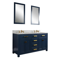 Water Creation Madison 60" Double Sink Carrara White Marble Vanity in Monarch Blue with Matching Mirror(s) and F2-0013-06-FX Lavatory Faucet(s) VMI060CWMB40 - Model Bath