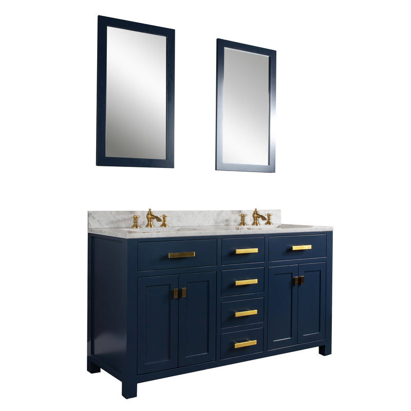 Water Creation Madison 60" Double Sink Carrara White Marble Vanity in Monarch Blue with Matching Mirror(s) and F2-0013-06-FX Lavatory Faucet(s) VMI060CWMB40 - Model Bath