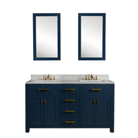 Water Creation Madison 60" Double Sink Carrara White Marble Vanity in Monarch Blue with Matching Mirror(s) and F2-0013-06-FX Lavatory Faucet(s) VMI060CWMB40 - Model Bath