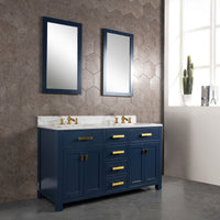 Water Creation Madison 60" Double Sink Carrara White Marble Vanity in Monarch Blue with Matching Mirror(s) and F2-0013-06-FX Lavatory Faucet(s) VMI060CWMB40 - Model Bath