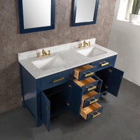 Water Creation Madison 60" Double Sink Carrara White Marble Vanity in Monarch Blue with Matching Mirror(s) and F2-0013-06-FX Lavatory Faucet(s) VMI060CWMB40 - Model Bath