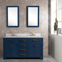 Water Creation Madison 60" Double Sink Carrara White Marble Vanity in Monarch Blue with Matching Mirror(s) and F2-0013-06-FX Lavatory Faucet(s) VMI060CWMB40 - Model Bath