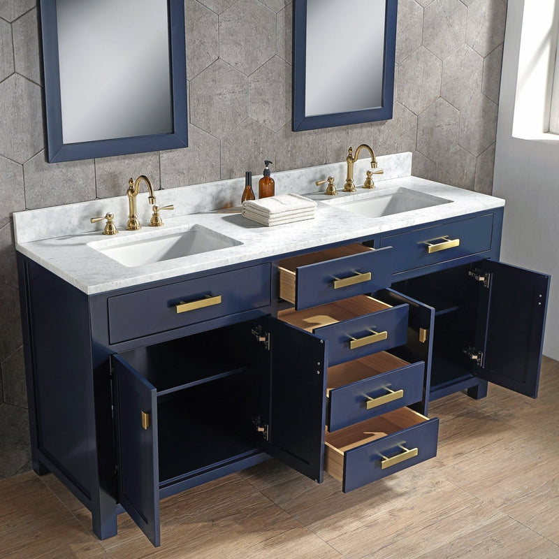 Water Creation Madison 72" Double Sink Carrara White Marble Vanity in Monarch Blue with F2-0012-06-TL Lavatory Faucet(s) VMI072CWMB37 - Model Bath
