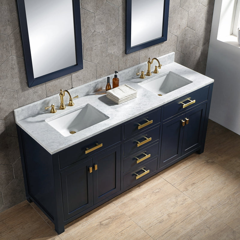 Water Creation Madison 72" Double Sink Carrara White Marble Vanity in Monarch Blue with F2-0012-06-TL Lavatory Faucet(s) VMI072CWMB37 - Model Bath
