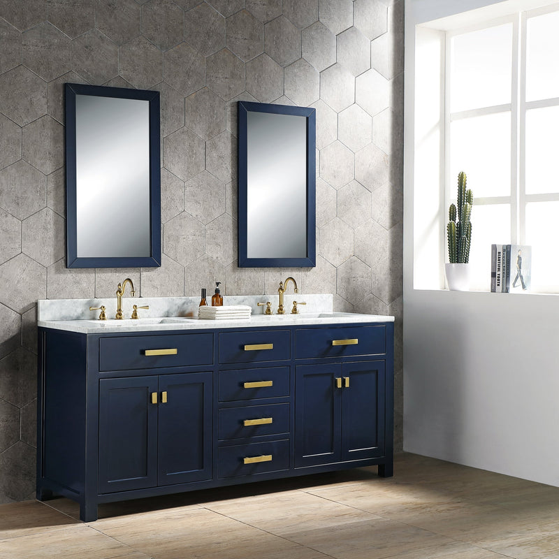Water Creation Madison 72" Double Sink Carrara White Marble Vanity in Monarch Blue with F2-0012-06-TL Lavatory Faucet(s) VMI072CWMB37 - Model Bath