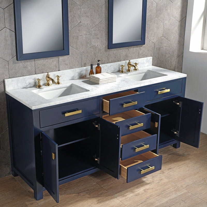 Water Creation Madison 72" Double Sink Carrara White Marble Vanity in Monarch Blue with F2-0013-06-FX Lavatory Faucet(s) VMI072CWMB42 - Model Bath