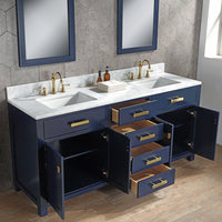 Water Creation Madison 72" Double Sink Carrara White Marble Vanity in Monarch Blue with Matching Mirror(s) and F2-0012-06-TL Lavatory Faucet(s) VMI072CWMB35 - Model Bath