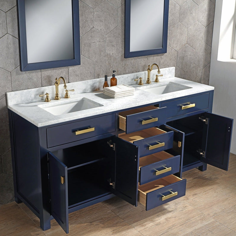 Water Creation Madison 72" Double Sink Carrara White Marble Vanity in Monarch Blue with Matching Mirror(s) and F2-0012-06-TL Lavatory Faucet(s) VMI072CWMB35 - Model Bath