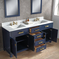 Water Creation Madison 72" Double Sink Carrara White Marble Vanity in Monarch Blue with Matching Mirror(s) and F2-0013-06-FX Lavatory Faucet(s) VMI072CWMB40 - Model Bath