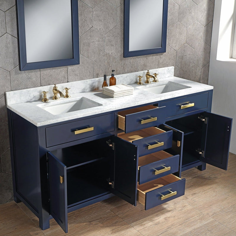 Water Creation Madison 72" Double Sink Carrara White Marble Vanity in Monarch Blue with Matching Mirror(s) and F2-0013-06-FX Lavatory Faucet(s) VMI072CWMB40 - Model Bath