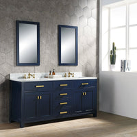 Water Creation Madison 72" Double Sink Carrara White Marble Vanity in Monarch Blue with Matching Mirror(s) and F2-0013-06-FX Lavatory Faucet(s) VMI072CWMB40 - Model Bath