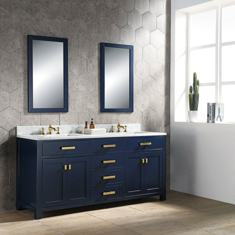 Water Creation Madison 72" Double Sink Carrara White Marble Vanity in Monarch Blue with Matching Mirror(s) and F2-0013-06-FX Lavatory Faucet(s) VMI072CWMB40 - Model Bath