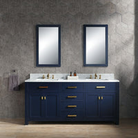 Water Creation Madison 72" Double Sink Carrara White Marble Vanity in Monarch Blue with Matching Mirror(s) and F2-0013-06-FX Lavatory Faucet(s) VMI072CWMB40 - Model Bath