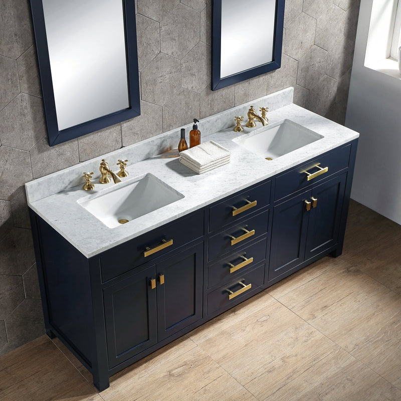 Water Creation Madison 72" Double Sink Carrara White Marble Vanity in Monarch Blue with Matching Mirror(s) and F2-0013-06-FX Lavatory Faucet(s) VMI072CWMB40 - Model Bath