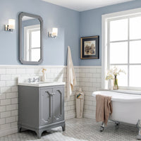 Water Creation Queen 24" Single Sink Quartz Carrara Vanity in Cashmere Grey with Matching Mirror(s) and F2-0009-01-BX Lavatory Faucet(s) VQU024QCCG02 - Model Bath