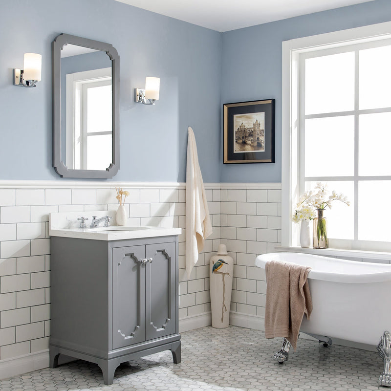 Water Creation Queen 24" Single Sink Quartz Carrara Vanity in Cashmere Grey with Matching Mirror(s) and F2-0009-01-BX Lavatory Faucet(s) VQU024QCCG02 - Model Bath