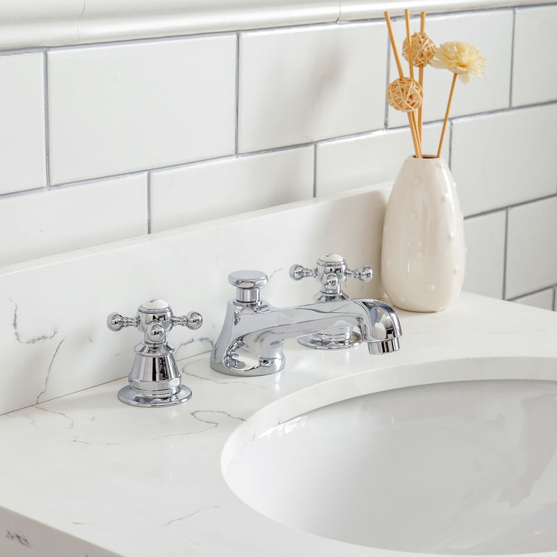 Water Creation Queen 24" Single Sink Quartz Carrara Vanity in Cashmere Grey with Matching Mirror(s) and F2-0009-01-BX Lavatory Faucet(s) VQU024QCCG02 - Model Bath