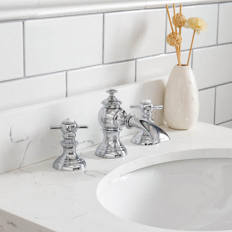 Water Creation Queen 24" Single Sink Quartz Carrara Vanity in Cashmere Grey with Matching Mirror(s) and F2-0013-01-FX Lavatory Faucet(s) VQU024QCCG68 - Model Bath