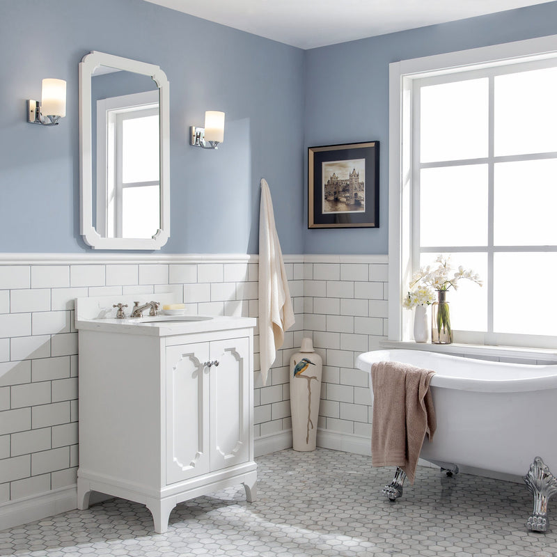 Water Creation Queen 24" Single Sink Quartz Carrara Vanity in Pure White with Matching Mirror(s) and F2-0009-05-BX Lavatory Faucet(s) VQU024QCPW48 - Model Bath