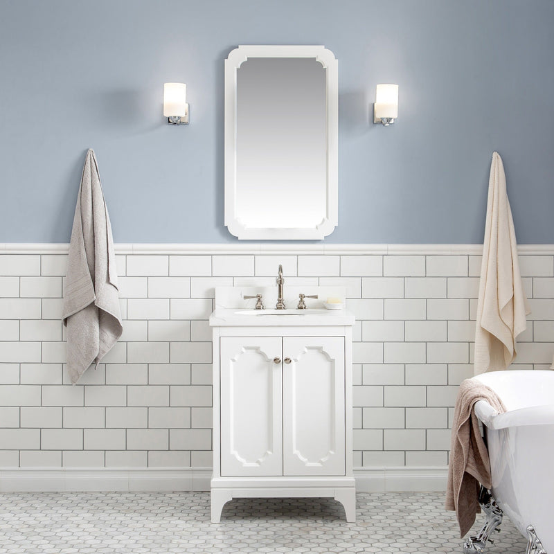 Water Creation Queen 24" Single Sink Quartz Carrara Vanity in Pure White with Matching Mirror(s) and F2-0012-05-TL Lavatory Faucet(s) VQU024QCPW53 - Model Bath