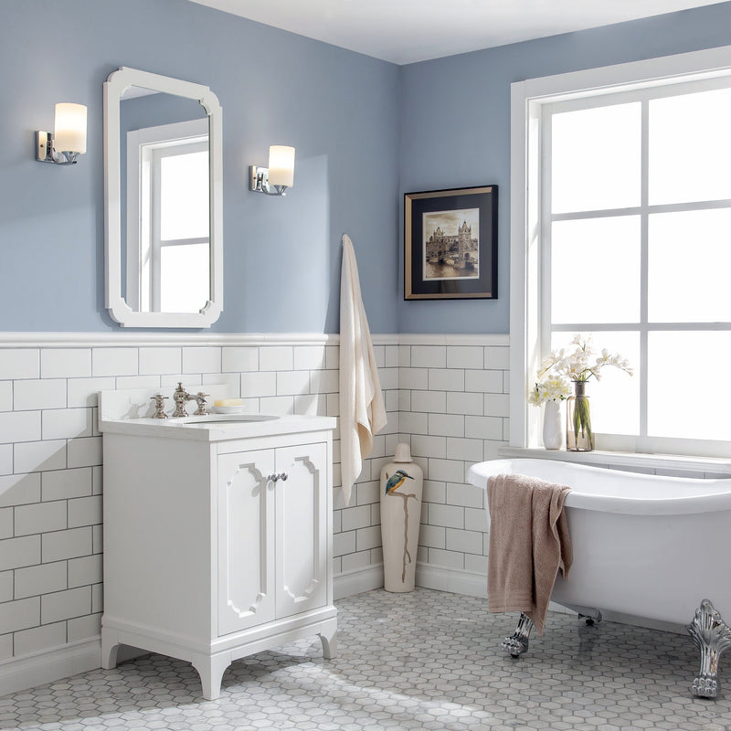 Water Creation Queen 24" Single Sink Quartz Carrara Vanity in Pure White with Matching Mirror(s) and F2-0013-05-FX Lavatory Faucet(s) VQU024QCPW58 - Model Bath