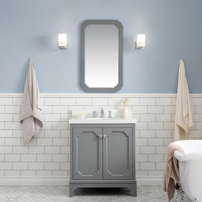 Water Creation Queen 30" Single Sink Quartz Carrara Vanity in Cashmere Grey with Matching Mirror(s) and F2-0013-01-FX Lavatory Faucet(s) VQU030QCCG68 - Model Bath