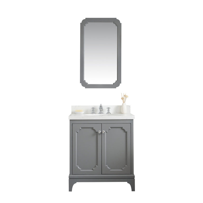 Water Creation Queen 30" Single Sink Quartz Carrara Vanity in Cashmere Grey with Matching Mirror(s) and F2-0013-01-FX Lavatory Faucet(s) VQU030QCCG68 - Model Bath
