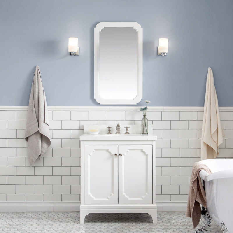Water Creation Queen 30" Single Sink Quartz Carrara Vanity in Pure White with F2-0013-05-FX Lavatory Faucet(s) VQU030QCPW62 - Model Bath