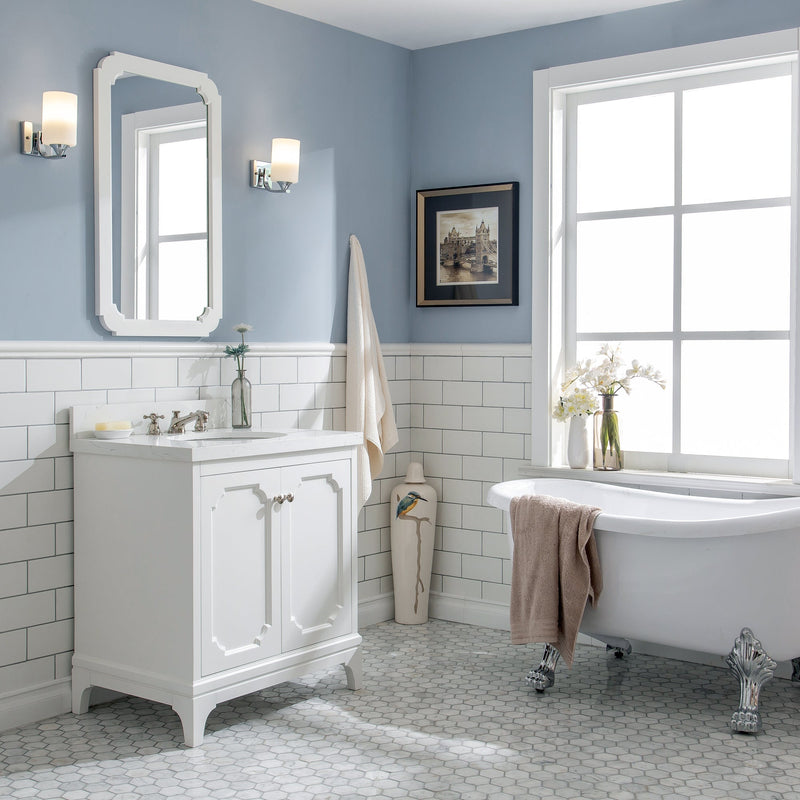 Water Creation Queen 30" Single Sink Quartz Carrara Vanity in Pure White with Matching Mirror(s) and F2-0009-05-BX Lavatory Faucet(s) VQU030QCPW48 - Model Bath