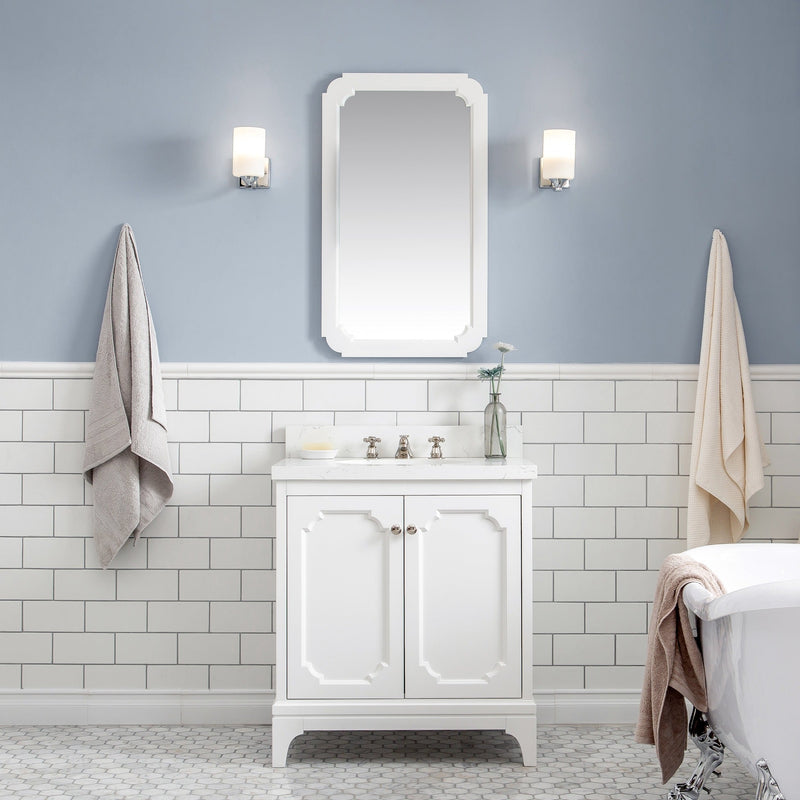 Water Creation Queen 30" Single Sink Quartz Carrara Vanity in Pure White with Matching Mirror(s) and F2-0009-05-BX Lavatory Faucet(s) VQU030QCPW48 - Model Bath