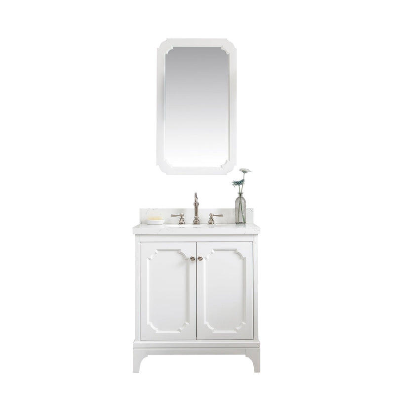 Water Creation Queen 30" Single Sink Quartz Carrara Vanity in Pure White with Matching Mirror(s) and F2-0012-05-TL Lavatory Faucet(s) VQU030QCPW53 - Model Bath