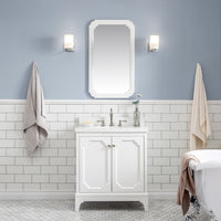 Water Creation Queen 30" Single Sink Quartz Carrara Vanity in Pure White with Matching Mirror(s) and F2-0012-05-TL Lavatory Faucet(s) VQU030QCPW53 - Model Bath