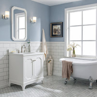 Water Creation Queen 30" Single Sink Quartz Carrara Vanity in Pure White with Matching Mirror(s) and F2-0012-05-TL Lavatory Faucet(s) VQU030QCPW53 - Model Bath