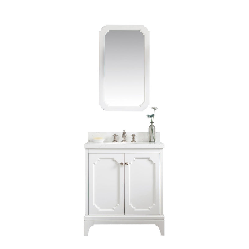 Water Creation Queen 30" Single Sink Quartz Carrara Vanity in Pure White with Matching Mirror(s) and F2-0013-05-FX Lavatory Faucet(s) VQU030QCPW58 - Model Bath