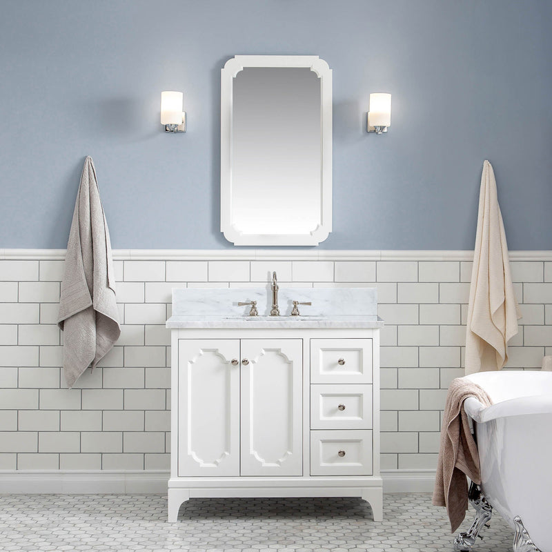 Water Creation Queen 36" Single Sink Carrara White Marble Vanity in Pure White VQU036CWPW00 - Model Bath