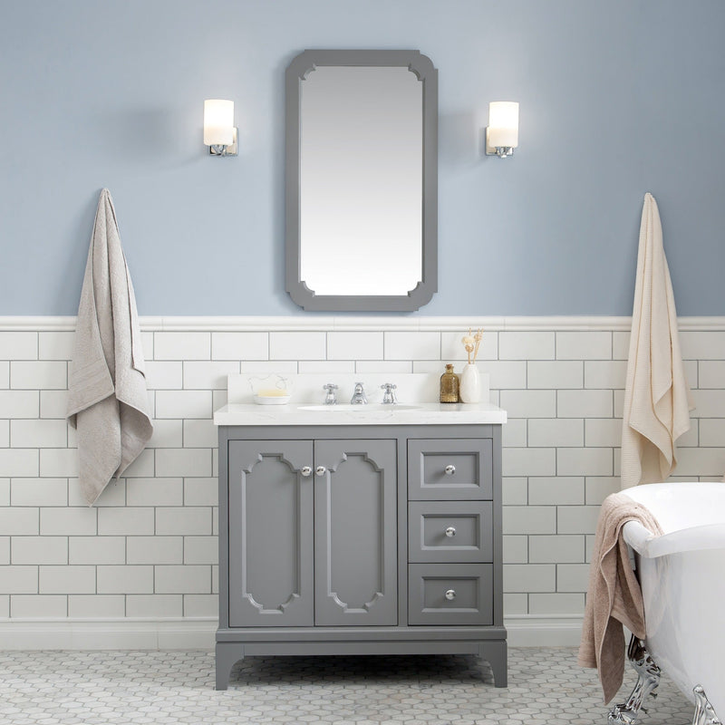 Water Creation Queen 36" Single Sink Quartz Carrara Vanity in Cashmere Grey with Matching Mirror(s) and F2-0009-01-BX Lavatory Faucet(s) VQU036QCCG02 - Model Bath