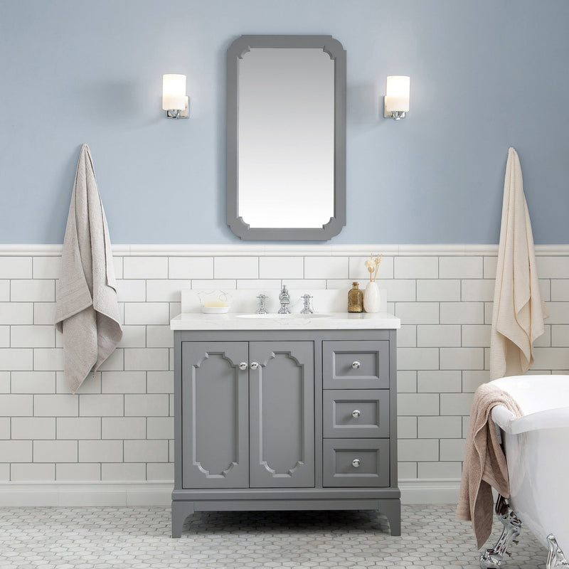 Water Creation Queen 36" Single Sink Quartz Carrara Vanity in Cashmere Grey with Matching Mirror(s) and F2-0013-01-FX Lavatory Faucet(s) VQU036QCCG68 - Model Bath