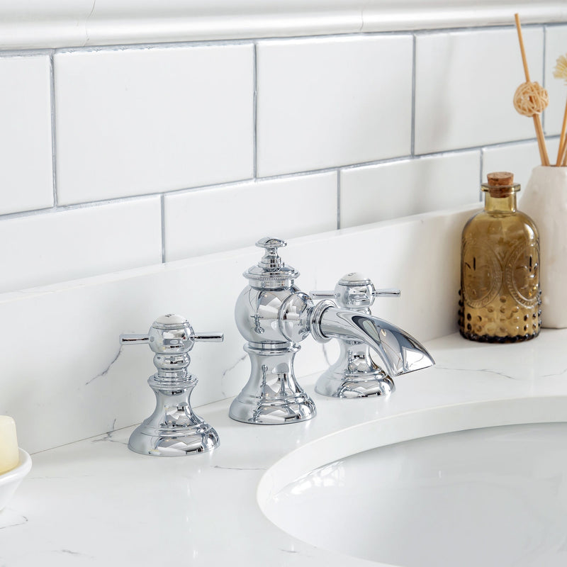 Water Creation Queen 36" Single Sink Quartz Carrara Vanity in Cashmere Grey with Matching Mirror(s) and F2-0013-01-FX Lavatory Faucet(s) VQU036QCCG68 - Model Bath