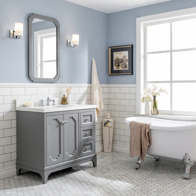 Water Creation Queen 36" Single Sink Quartz Carrara Vanity in Cashmere Grey with Matching Mirror(s) and F2-0013-01-FX Lavatory Faucet(s) VQU036QCCG68 - Model Bath