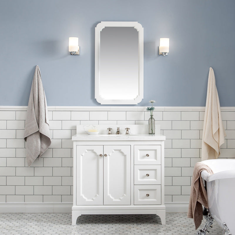 Water Creation Queen 36" Single Sink Quartz Carrara Vanity in Pure White VQU036QCPW00 - Model Bath