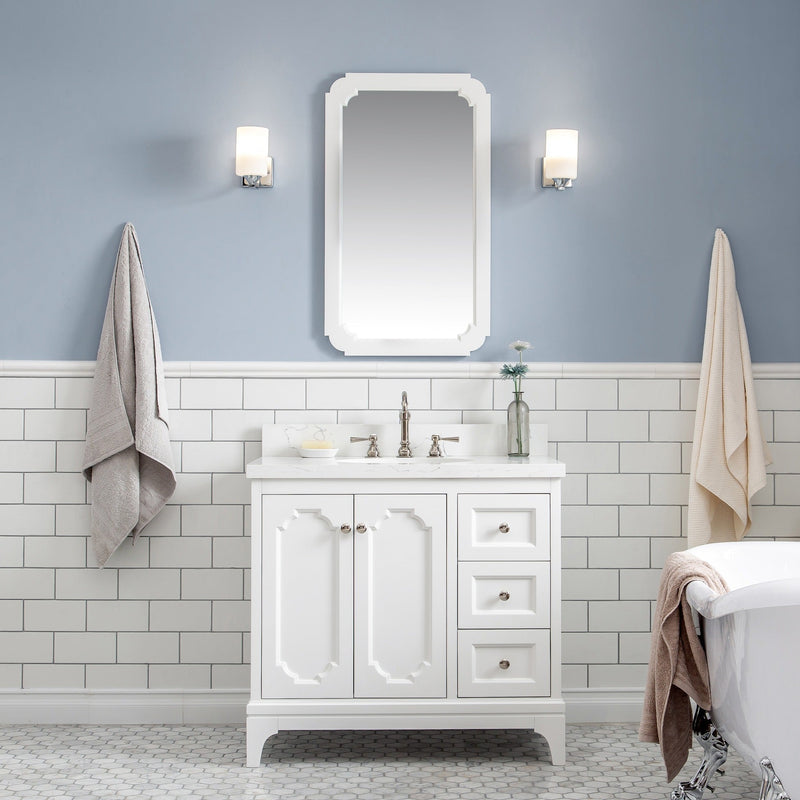 Water Creation Queen 36" Single Sink Quartz Carrara Vanity in Pure White with F2-0012-05-TL Lavatory Faucet(s) VQU036QCPW57 - Model Bath