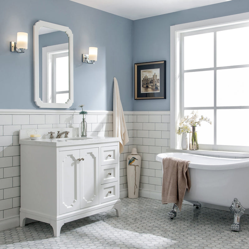 Water Creation Queen 36" Single Sink Quartz Carrara Vanity in Pure White with Matching Mirror(s) and F2-0009-05-BX Lavatory Faucet(s) VQU036QCPW48 - Model Bath