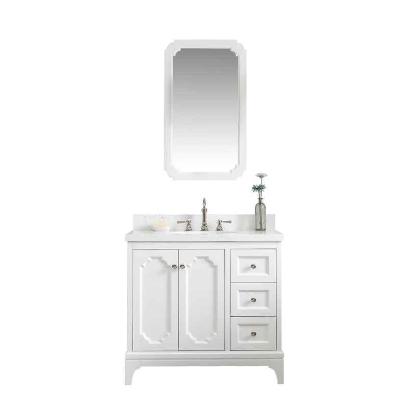 Water Creation Queen 36" Single Sink Quartz Carrara Vanity in Pure White with Matching Mirror(s) and F2-0012-05-TL Lavatory Faucet(s) VQU036QCPW53 - Model Bath