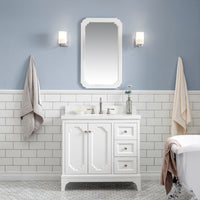 Water Creation Queen 36" Single Sink Quartz Carrara Vanity in Pure White with Matching Mirror(s) and F2-0012-05-TL Lavatory Faucet(s) VQU036QCPW53 - Model Bath