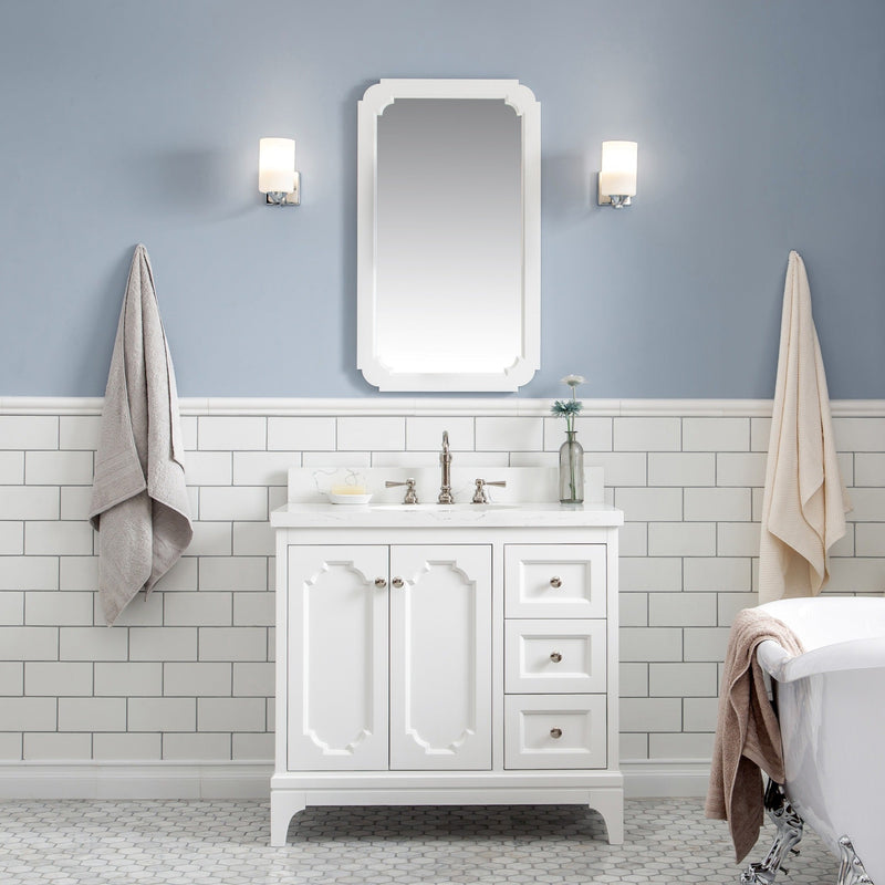 Water Creation Queen 36" Single Sink Quartz Carrara Vanity in Pure White with Matching Mirror(s) and F2-0012-05-TL Lavatory Faucet(s) VQU036QCPW53 - Model Bath