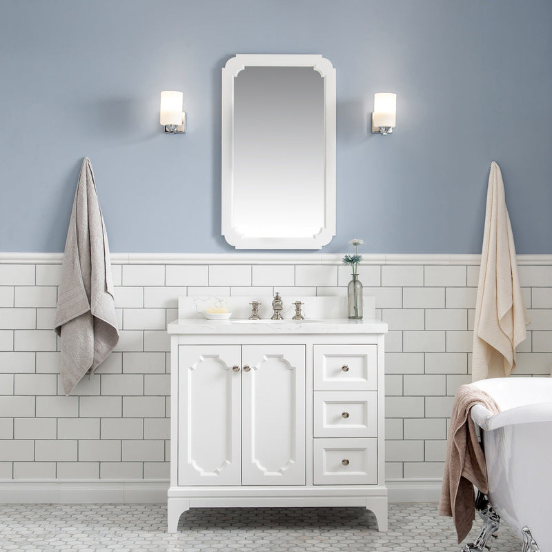 Water Creation Queen 36" Single Sink Quartz Carrara Vanity in Pure White with Matching Mirror(s) and F2-0013-05-FX Lavatory Faucet(s) VQU036QCPW58 - Model Bath