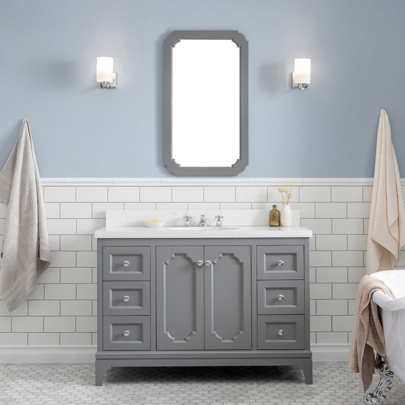 Water Creation Queen 48" Single Sink Quartz Carrara Vanity in Cashmere Grey VQU048QCCG00 - Model Bath