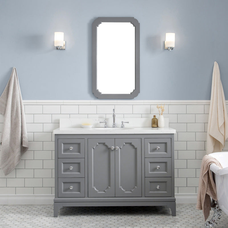 Water Creation Queen 48" Single Sink Quartz Carrara Vanity in Cashmere Grey with F2-0012-01-TL Lavatory Faucet(s) VQU048QCCG47 - Model Bath