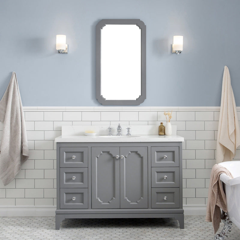 Water Creation Queen 48" Single Sink Quartz Carrara Vanity in Cashmere Grey with F2-0013-01-FX Lavatory Faucet(s) VQU048QCCG72 - Model Bath